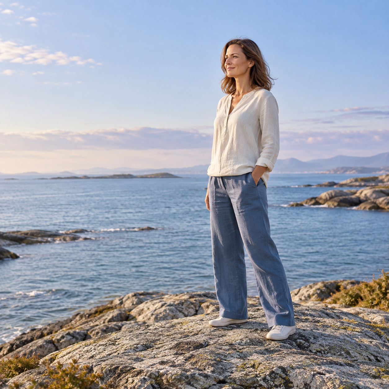 Mental1 Frau steht ruhig und selbstbewusst auf einem Felsen am Meer und blickt zum Horizont.