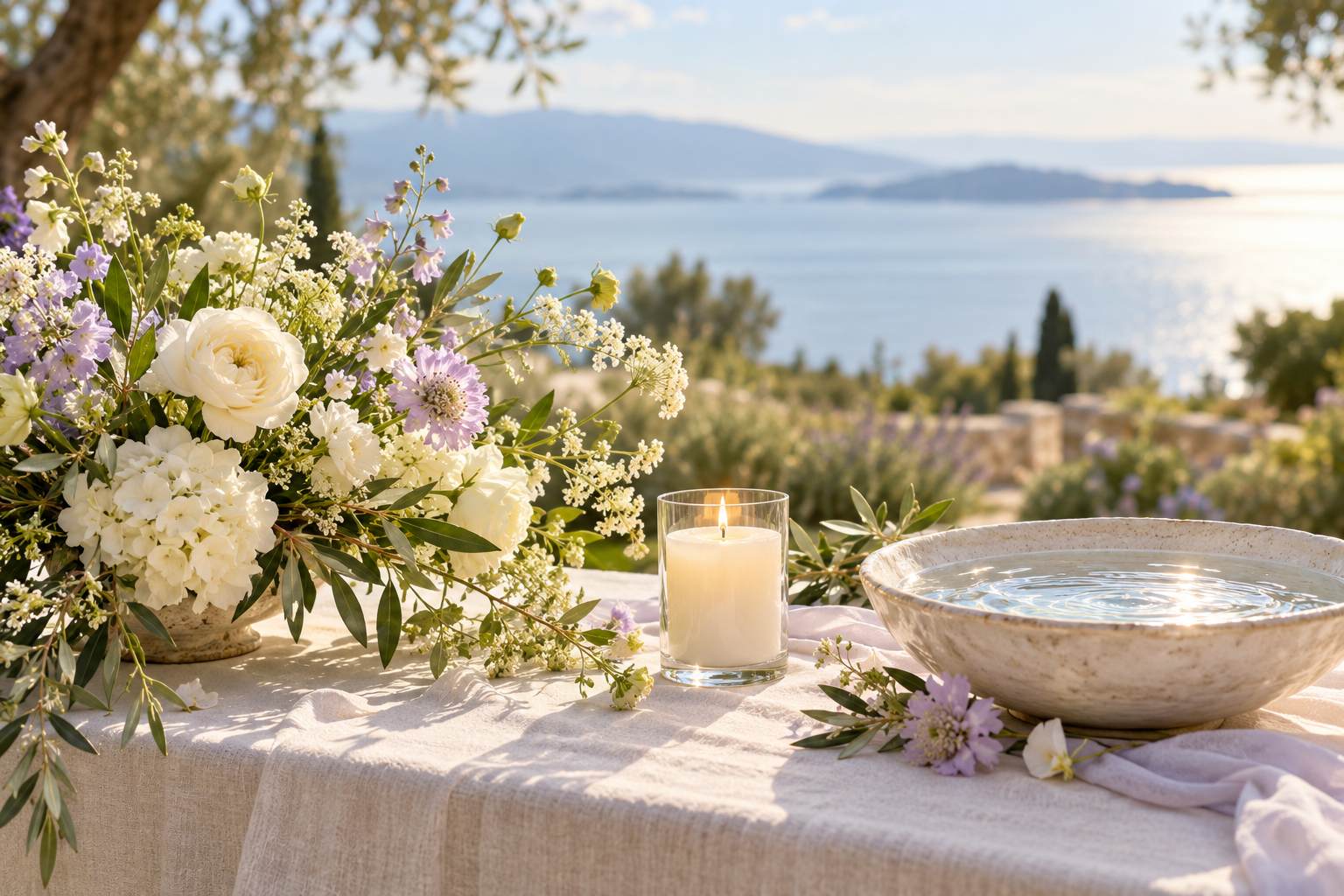 Ein helles, ruhiges Motiv für Willkommen, Trauung und Abschied – mit Blumen, Kerzenlicht und Wasser